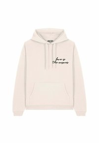 Felpa color beige chiaro con cappuccio regolabile, tasca frontale e testo nero "l'amore è la risposta" in corsivo sul petto. Tessuto morbido.