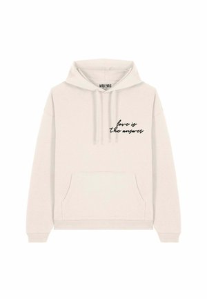 Licht beige hoodie met een trekkoordcapuchon, een voorkantzak en zwarte tekst "liefde is het antwoord" in cursief op de borst. Zachte stoftextuur.