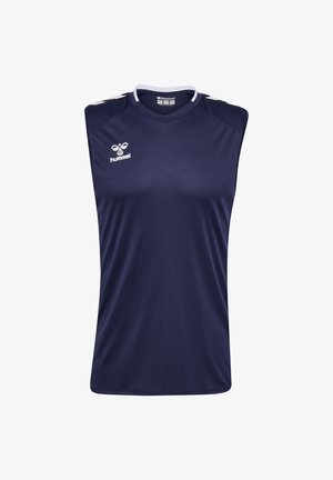 Bezrekawnikowa sportowa koszulka w kolorze granatowym z białym obszyciem kołnierza, logo hummel na piersi oraz detalami w kształcie jodełki na ramionach.