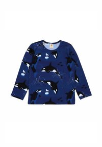 Langarmhemd in Marineblau mit einem Muster aus Orcas und einem weißen Vogel, aus weichem, leichtem Stoff. Rundhalsausschnitt und lässige Passform.