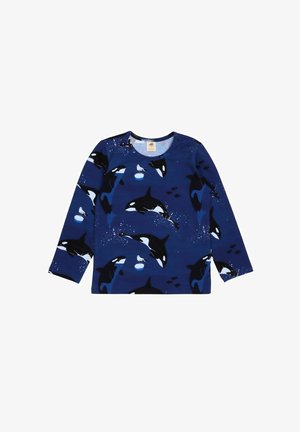 Langarmhemd in Marineblau mit einem Muster aus Orcas und einem weißen Vogel, aus weichem, leichtem Stoff. Rundhalsausschnitt und lässige Passform.