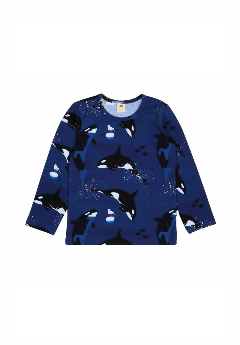 Langarmhemd in Marineblau mit einem Muster aus Orcas und einem weißen Vogel, aus weichem, leichtem Stoff. Rundhalsausschnitt und lässige Passform.