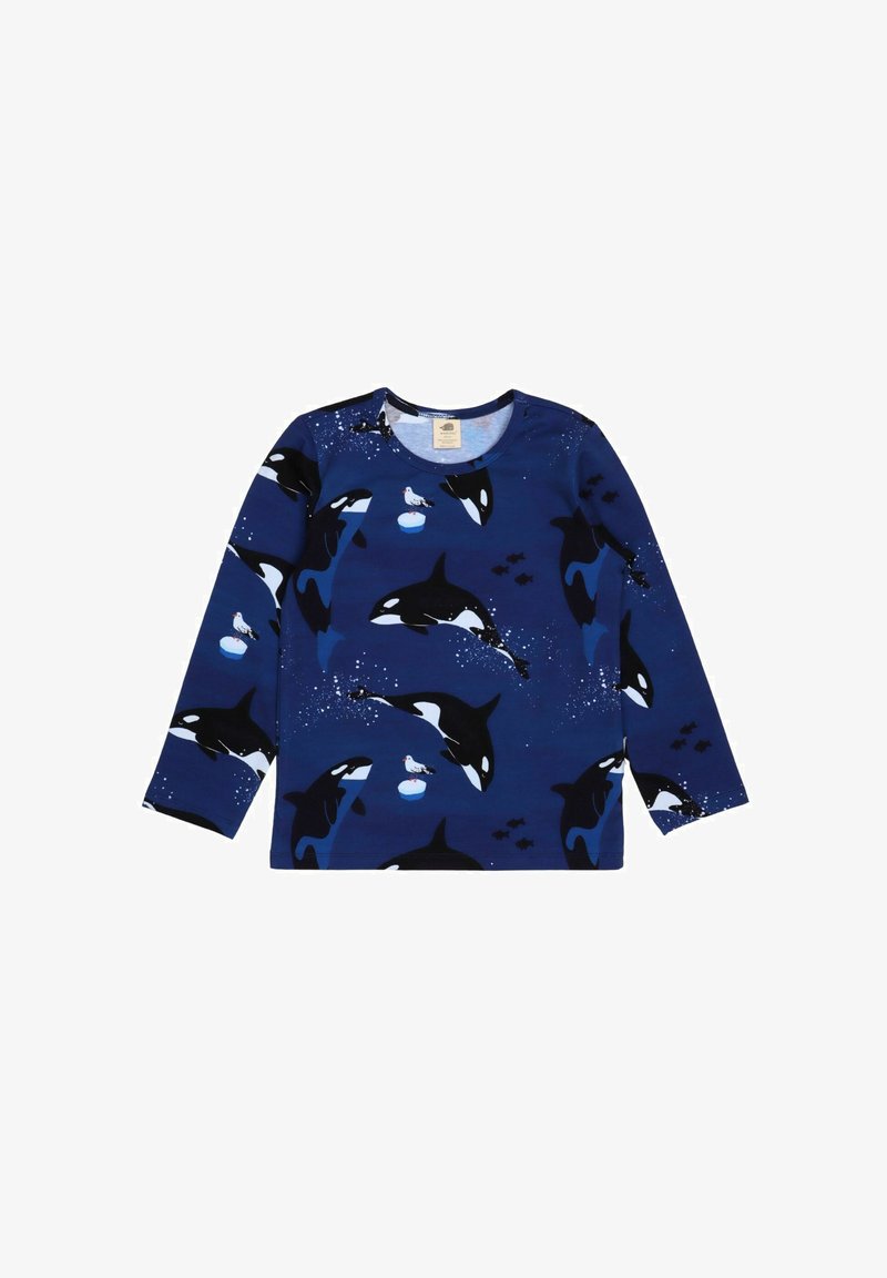 Long-sleeve shirt in navy blue with a pattern of orcas and a white bird, made of soft, lightweight fabric. Round neck and casual fit.