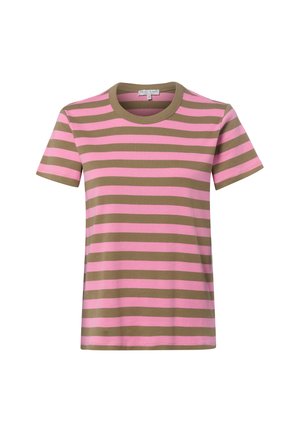 Short-sleeve t-shirt with alternating horizontal pink and brown stripes and a round neckline.