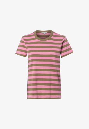 Short-sleeve t-shirt with alternating horizontal pink and brown stripes and a round neckline.