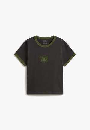 Zwart Vans T-shirt met olijfgroene kraag en mouwboorden, met een olijfgroen Vans-logo in het midden van de borst.