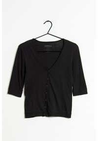 Svart cardigan med trekvartsärmar och djup V-ringning, som har en komplett knäppning fram och är tillverkad i ett mjukt, lättviktsmaterial.