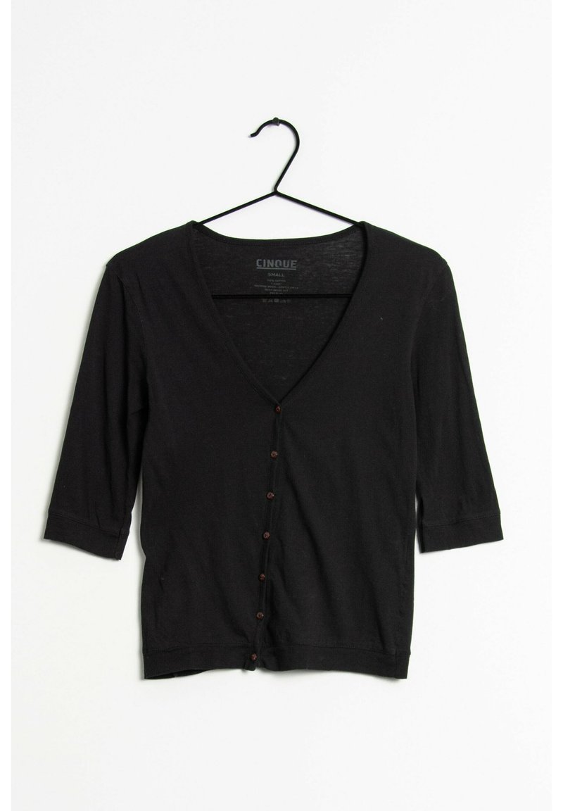 Svart cardigan med trekvartsärmar och djup V-ringning, som har en komplett knäppning fram och är tillverkad i ett mjukt, lättviktsmaterial.