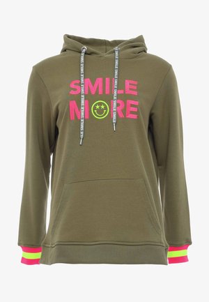 Felpa verde oliva con testo "SMILE MORE" in rosa e giallo, dotata di cordini, tasca a marsupio e polsini bicolore.