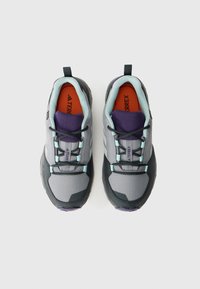 Pair of gray, black, and purple athletic shoes with light blue lace loops and orange insoles labeled "TERREX" on a white background.