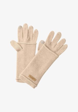 Guanti a maglia beige con una superficie liscia, dotati di un polsino allungato e punte compatibili con il touchscreen. Etichetta in pelle attaccata.