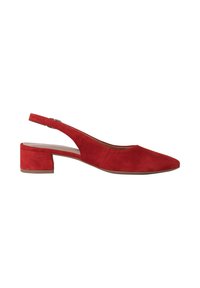 Zapato slingback de ante rojo con punta afilada, tacón bajo tipo bloque y correa con hebilla ajustable. Textura suave con detalles de costura mínimos.