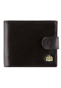 Black leather wallet with a smooth texture, snap closure, and gold emblem. Compact rectangular shape with rounded edges.