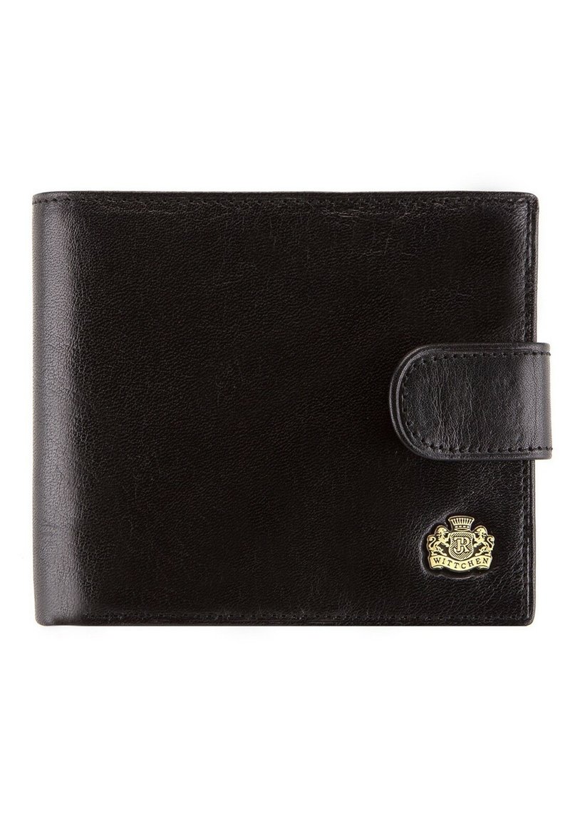 Black leather wallet with a smooth texture, snap closure, and gold emblem. Compact rectangular shape with rounded edges.