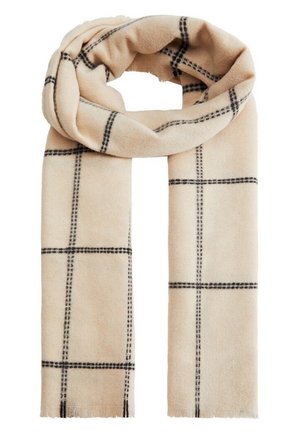 Beige uldhalstørklæde med sort ternet mønster og frynser i enderne, arrangeret i en løs løkke mod en hvid baggrund.