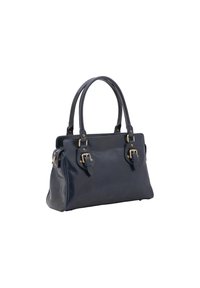 Borsa a mano in pelle blu navy con due manici superiori, hardware dorato, dettagli con fibbia e una superficie liscia. Presenta una silhouette strutturata e diverse tasche.