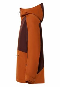 Orangene und braune wasserdichte Jacke mit Kapuze, Farbschnitt-Design, verstellbarem Saum und Bündchen sowie zwei Fronttaschen.