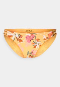 Parte de baixo de bikini amarelo com um padrão floral em rosa e laranja, feita de tecido elástico com detalhes laterais para um ajuste seguro.