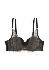 Soutien-gorge en dentelle noire avec broderie florale et bonnets transparents. Comprend des bretelles réglables et une fermeture à agrafes. Des accents floraux ajoutent du détail.