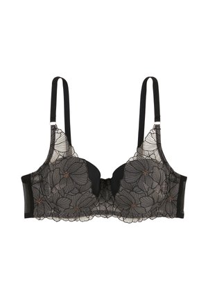 Soutien-gorge en dentelle noire avec broderie florale et bonnets transparents. Comprend des bretelles réglables et une fermeture à agrafes. Des accents floraux ajoutent du détail.