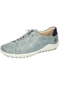 Light blue leather sneaker with lace-up design, white textured sole, subtle stitching details, and a dark blue accent at the heel.