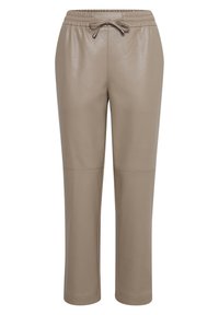 Beige faux leren joggers met een elastische tailleband, verstelbaar trekkoord en zichtbare naden langs de benen.