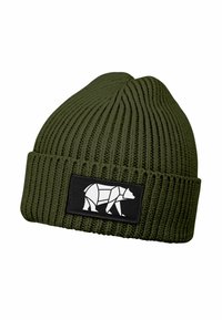 Olive green ribbed knit beanie with folded cuff featuring a black patch with a white geometric bear design.