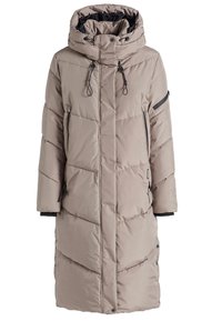 Langer, gesteppten Mantel in Taupe mit hohem Kragen und abnehmbarem Kapuze. Verfügt über ein vertikales Steppmuster, Reißverschlusstaschen und schwarze Akzente.