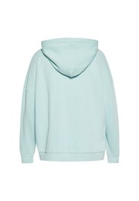 Hoodie azzurro chiaro con cappuccio regolabile, spalle cadute e polsini a coste. Tessuto morbido e vestibilità rilassata, design minimalista senza motivi.