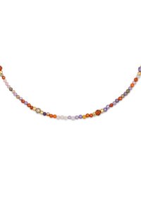 Collana di perline che presenta una varietà di perline sfaccettate colorate in arancione, viola e trasparente, intervallate da accenti metallici.