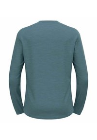 Langsleeve shirt in gedempt teal met een gestructureerde, gemêleerde afwerking. Beschikt over een ronde hals en gladde zomen. Geen zichtbare logo's of versieringen.