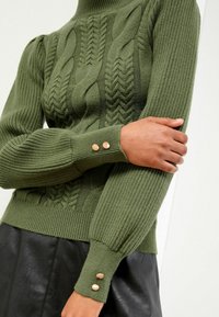 Grüner gerippter Strickpullover mit Kabelmustern, hohem Kragen und Knopfdetails an den Ärmeln. Das Material wirkt strukturiert und weich.