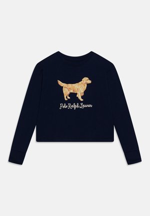Granatowa krótka koszula z długim rękawem, zdobiona haftem przedstawiającym golden retrievera oraz napisem "Polo Ralph Lauren" poniżej. Miękka tkanina i dopasowany krój.