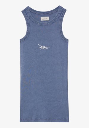 Blue ribbed tank dress with a round neckline, sleeveless design, and white logo detail at the center. Smooth texture, knee-length fit.