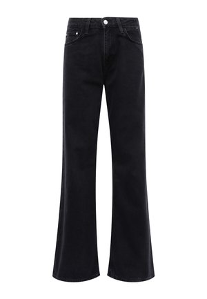 Black wide-leg jeans made from soft denim. Features a button and zipper closure, five pockets, and a clean, simple design.