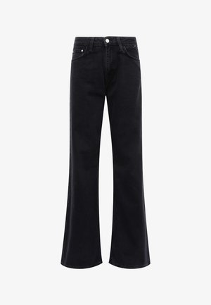 Black wide-leg jeans made from soft denim. Features a button and zipper closure, five pockets, and a clean, simple design.