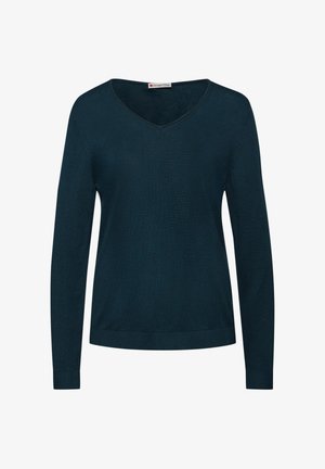 Donkergroene gebreide trui met een V-hals, lange mouwen en geribbelde boorden en zoom. Soepele textuur, lichtgewicht ontwerp.