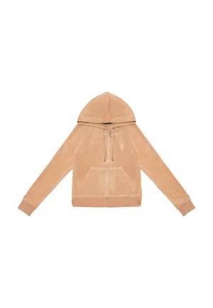 Felpa zip-up beige in morbido tessuto con cappuccio, tasca frontale a marsupio e polsini a costine. Presenta un ricamo del logo discreto sul lato sinistro superiore.
