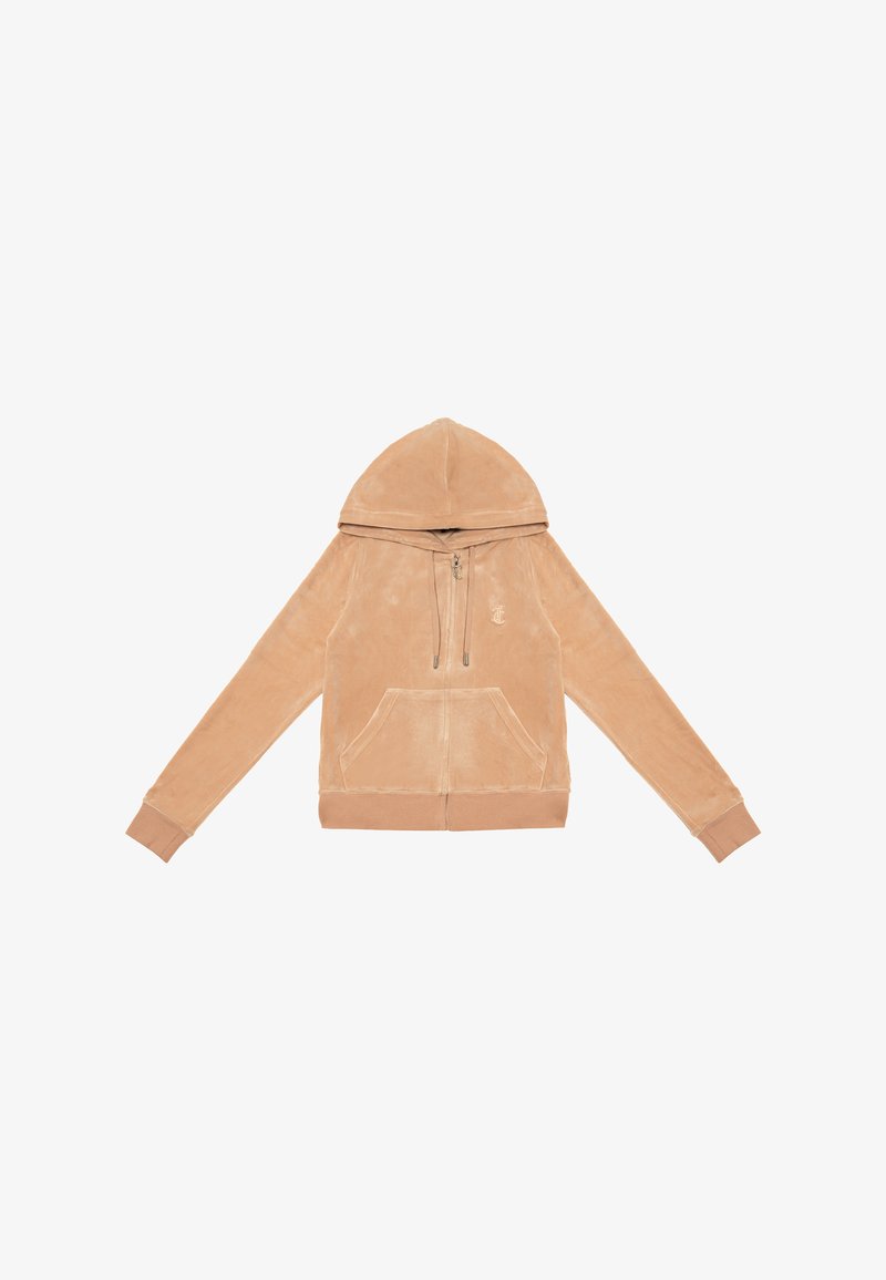 Felpa zip-up beige in morbido tessuto con cappuccio, tasca frontale a marsupio e polsini a costine. Presenta un ricamo del logo discreto sul lato sinistro superiore.