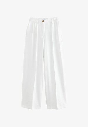 Pantalons larges blancs en tissu léger. Comprend une fermeture à bouton, deux poches latérales et une coupe décontractée.