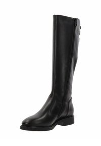 Bota de cuero negra hasta la rodilla con un acabado suave, cremallera lateral, punta cuadrada y un tacón bajo y cuadrado. Presenta un cosido mínimo y sin adornos.