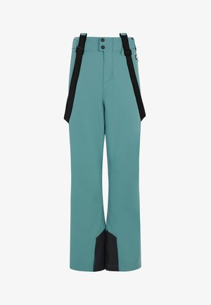 Tealowe spodnie narciarskie z czarnymi regulowanymi szelkami. Posiadają prosty krój, gładką teksturę oraz kontrastowe czarne akcenty na hemie.