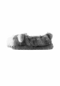 Pantofole in peluche grigio con materiale in pelliccia sintetica, punta arrotondata, morbidi dettagli bianchi e particolari a forma di orecchie sui lati per una texture aggiuntiva.