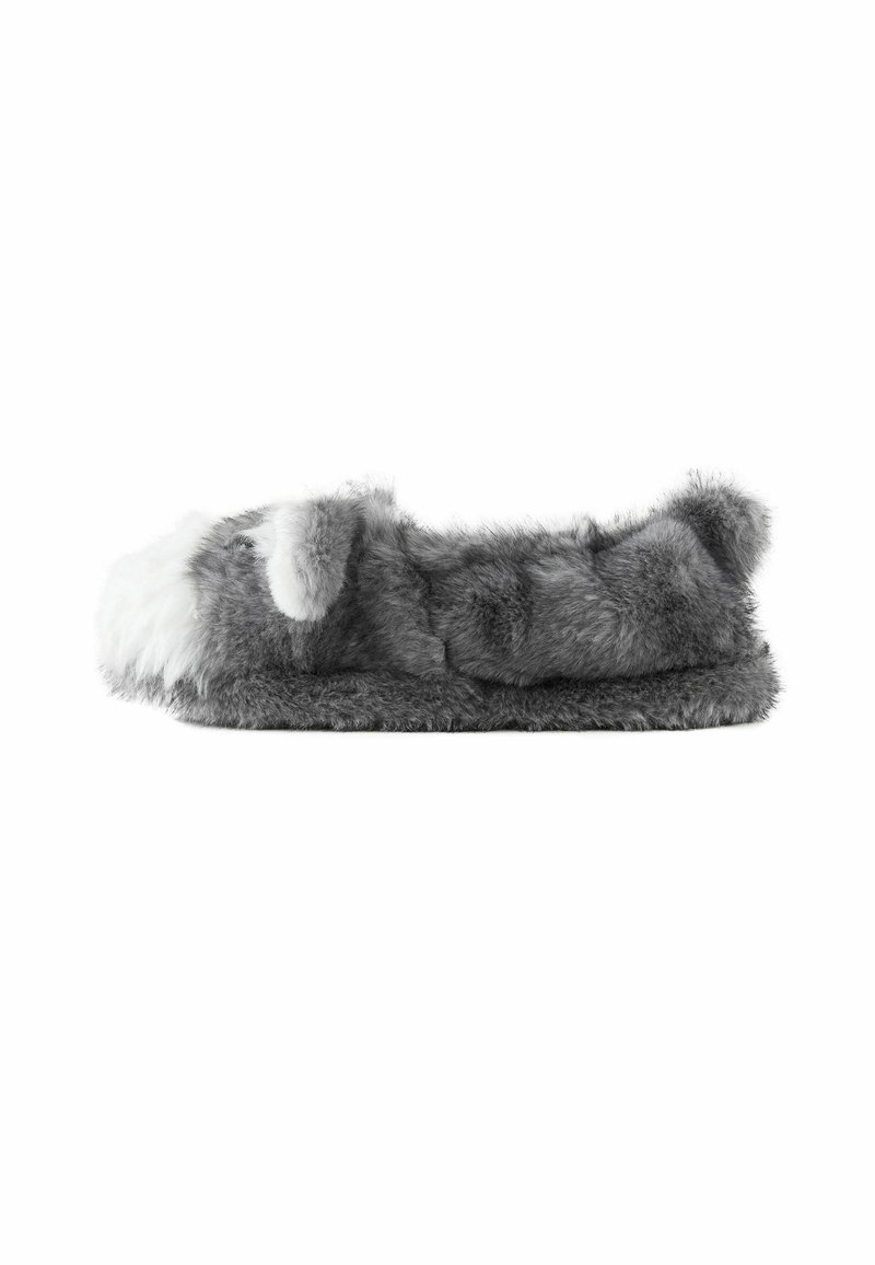 Pantofole in peluche grigio con materiale in pelliccia sintetica, punta arrotondata, morbidi dettagli bianchi e particolari a forma di orecchie sui lati per una texture aggiuntiva.