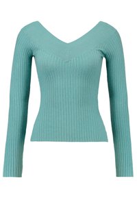 Sweter z długim rękawem, żebrowany, w kolorze teal z głębokim dekoltem w kształcie litery V, z wyraźnymi szwami na ramionach, co nadaje dopasowaną sylwetkę.
