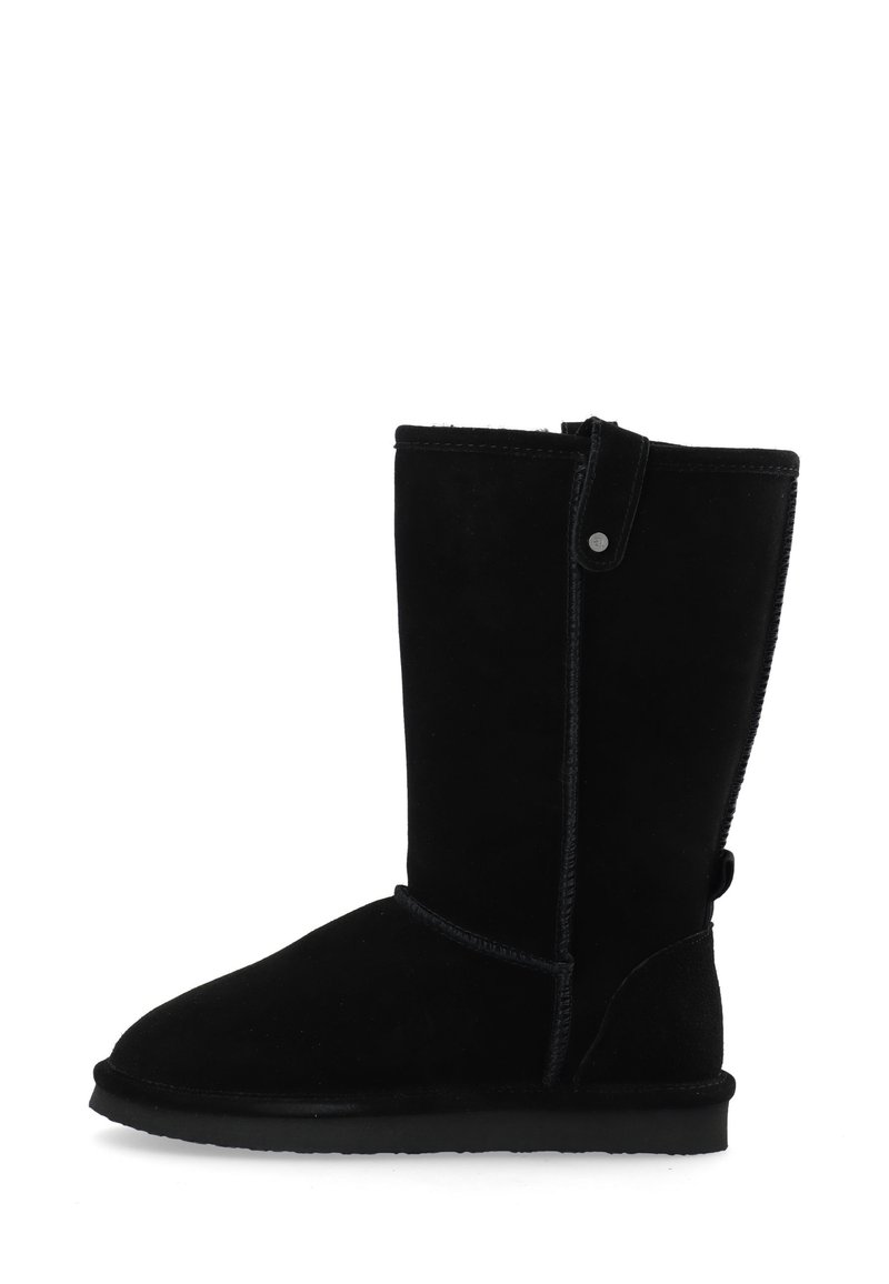Black suede ankle boot with a rounded toe, flat sole, and side button accent. Features seam details along the shaft.