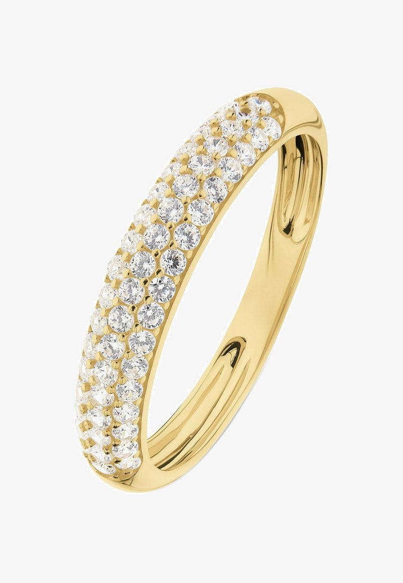 Anello in oro con finitura lucida, incastonato con gemme trasparenti disposte in una fila a motivi, caratterizzato da un interno e un esterno lisci e lucidi.