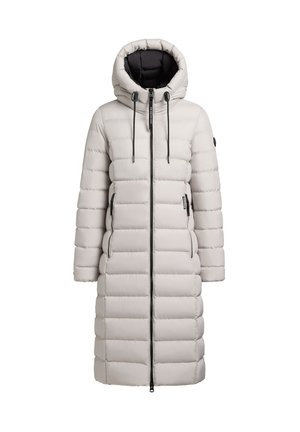 Manteau long et léger en duvet gris clair avec une capuche, présentant des coutures horizontalement, une fermeture éclair noire et des cordons de serrage pour un ajustement réglable.