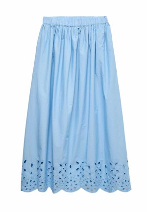 Lichtblauwe midi-rok met een elastische tailleband en een gegolfde zoom met oogjes in bloemmotief als cut-out patroon.