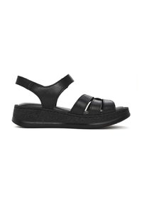 Sandale en cuir noir avec brides avant fermées, talon ouvert, bride de cheville réglable et semelle plateforme rembourrée.
